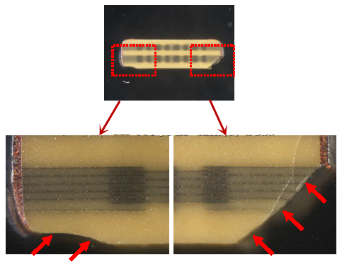 從破裂的現(xiàn)象與電容廠商切片的照片看來，破裂的痕跡從端接處以斜角裂開，電容零件的確像是機(jī)械外應(yīng)力所造成的破裂。