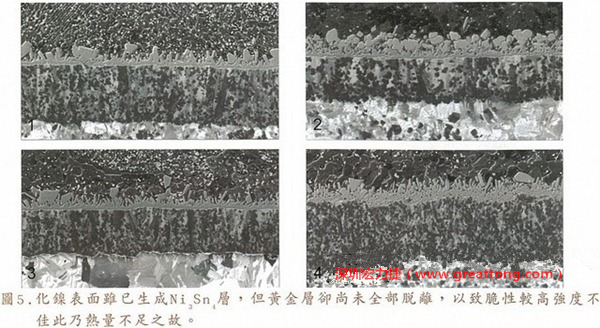 下面四圖顯示，當(dāng)焊接的熱量不足或未持續(xù)時(shí)，雖然Ni3Sn4的薄薄IMC層已經(jīng)生成而焊牢，但也會(huì)因?yàn)锳uSn及AuSn2還未來(lái)得及逸走，而停留在共金介面附近，當(dāng)有外力拉扯的時(shí)候，就很容易斷裂開來(lái)。這就是為何ENIG的焊點(diǎn)強(qiáng)度，始終不如銅面焊點(diǎn)(Cu6Sn5)來(lái)得更為牢固的主因之一。