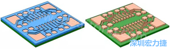 銅被電鍍?cè)趯?dǎo)電種子層之上，從而填滿了PCB板上的圖形化光刻膠腔體(左)。清除光刻膠，蝕刻暴露出的種子層以分隔開不同的銅線(右)-深圳宏力捷