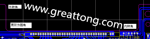 PCB設(shè)計時單面板的轉(zhuǎn)角都需為圓角，R1.0mm或R2.0mm為宜。