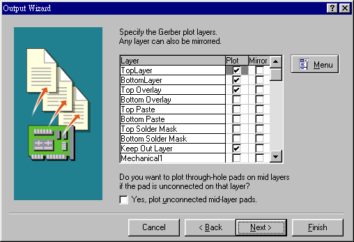 決定Gerber文件要繪制的板層，依據(jù)實際狀況勾選各個板層。