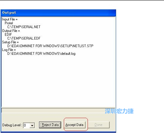 系統(tǒng)彈出一個(gè)輸出窗口，點(diǎn)擊 Accept Data。完成后點(diǎn)擊“確定”，再點(diǎn)擊“Done”關(guān)閉輸出窗口。退出 Omninet for Windows。
