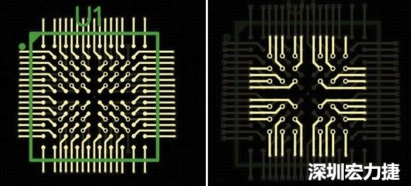 圖4a和4b：從最外層開始向中心為不同的BGA圈布線。
