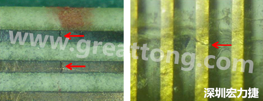 一旦找到確切的銅箔線路斷裂位置，如果還是無(wú)法觀察到斷裂的現(xiàn)象，就試著在顯微鏡下彎曲該位置的軟板，這樣就可以突顯并放大斷裂銅箔的開口了。 