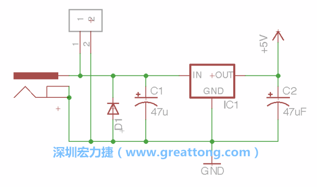 2.5.    新增一個二極體，它會以水平的狀態(tài)出現(xiàn)在屏幕上，請使用「旋轉(zhuǎn)（Rotate）」工具把它負極那一面朝上，并且用「網(wǎng)絡(luò)連接」工具將它連接在電壓調(diào)整器的輸入端和接地端之間。