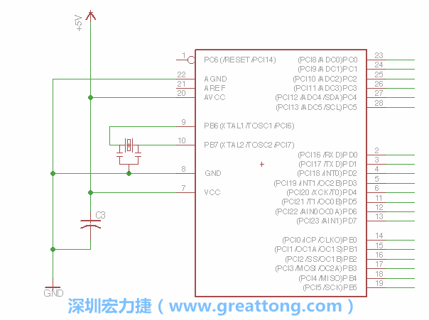 3.2.    在靠近ATmega的電源供應(yīng)針腳7的位置放置一個(gè)0.1μF的電容，將它分別連接電源、接地端和針腳7。