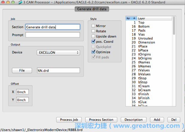 打開「excellon.cam」的工作項目并建立drill文件（副檔名為「.dri」和「.drd」），之后你只會用到「.drd」的文件檔；「.dri」的文件只是解釋用資料（所謂后設(shè)資料）而已。