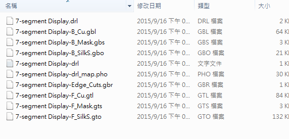 所謂Gerber檔，其實是包含一群檔案 (如下圖所示)，如包含正反面銅箔層 F.Cu B.Cu.，正反面文字面 F.Silkscreen ，B.Silkscreen，防焊層 SolderMask、板邊裁切Edge.Cuts 等。