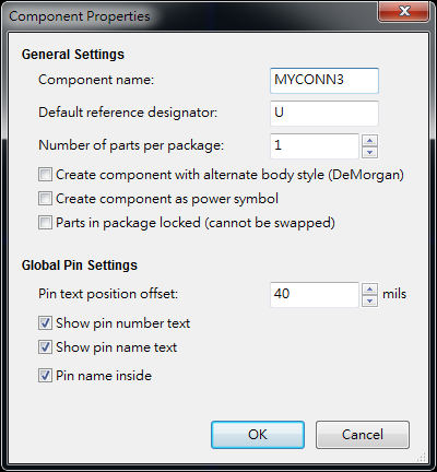 按下工具  "Create a new component"， 出現(xiàn)底下畫面， 按下OK后， 產(chǎn)生MYCONN3/U? 文字重迭在一在， 把它們分開(用mouse選擇并按下"M"， 即可移動(dòng))