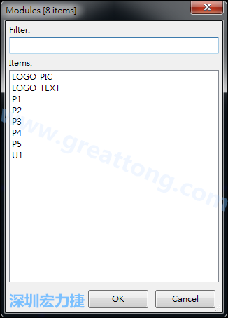 從目前正在編輯的PCB載入Module， 會顯示有那些項目可載入。點選一個， OK后即完成載入