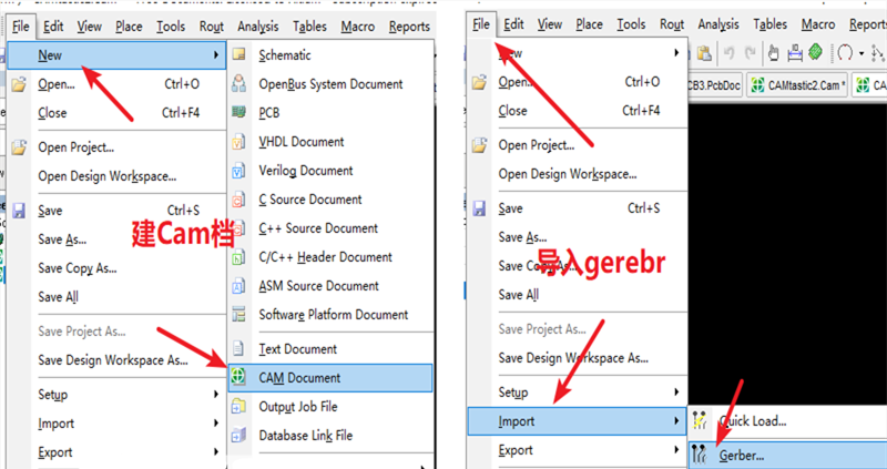 在File下新建 Cam檔，建后再File下導(dǎo)入Gerber文件，選擇所有文件導(dǎo)入gerber。