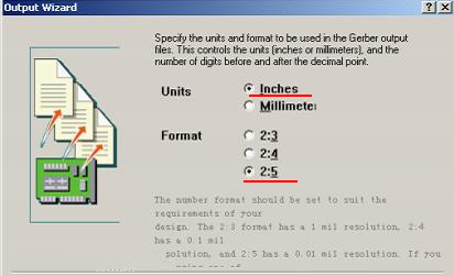 在上圖中選擇“Inches 2：5”，以確保資料精度，反之線寬、線距或孔有偏移現(xiàn)象