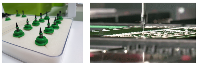 用來吸取零件的小吸盤（左），自動(dòng)機(jī)械臂將零件迅速向下扔（右）